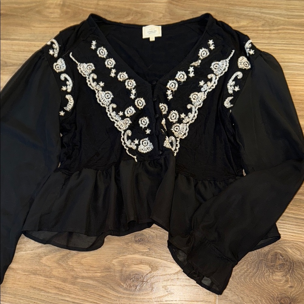 Black Blouse with Flutter Sleeves and Bib Collar